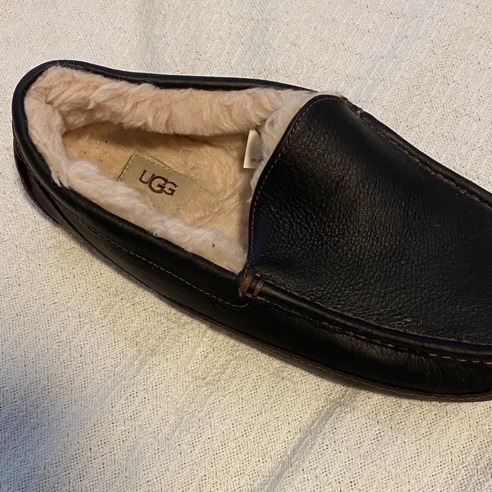 UGG Men's Black Leather Slip-Ons with Cream Lining